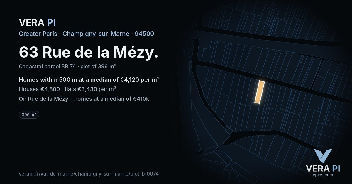 63 Rue de la Mézy, Champigny-sur-Marne at night – the plot lit, the parcels around coloured by the prices near them