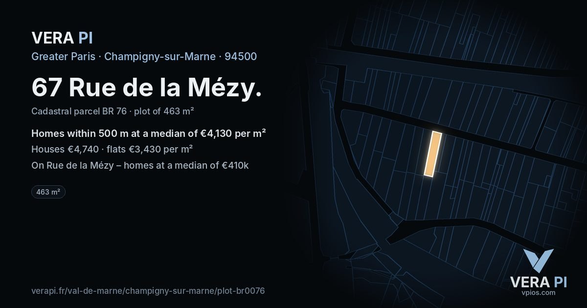 67 Rue de la Mézy, Champigny-sur-Marne at night – the plot lit, the parcels around coloured by the prices near them