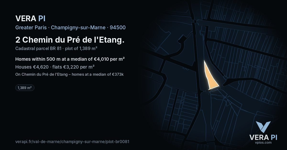 2 Chemin du Pré de l'Etang, Champigny-sur-Marne at night – the plot lit, the parcels around coloured by the prices near them