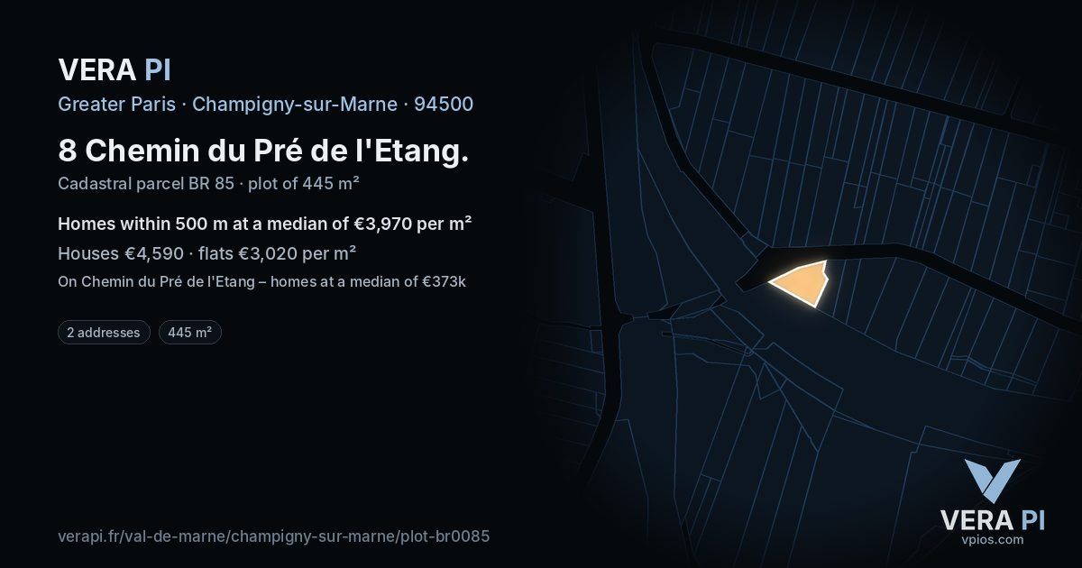 8 Chemin du Pré de l'Etang, Champigny-sur-Marne at night – the plot lit, the parcels around coloured by the prices near them