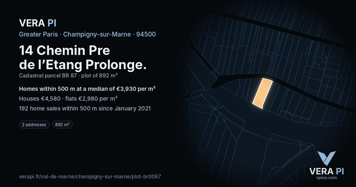 14 Chemin Pre de l’Etang Prolonge, Champigny-sur-Marne at night – the plot lit, the parcels around coloured by the prices near them