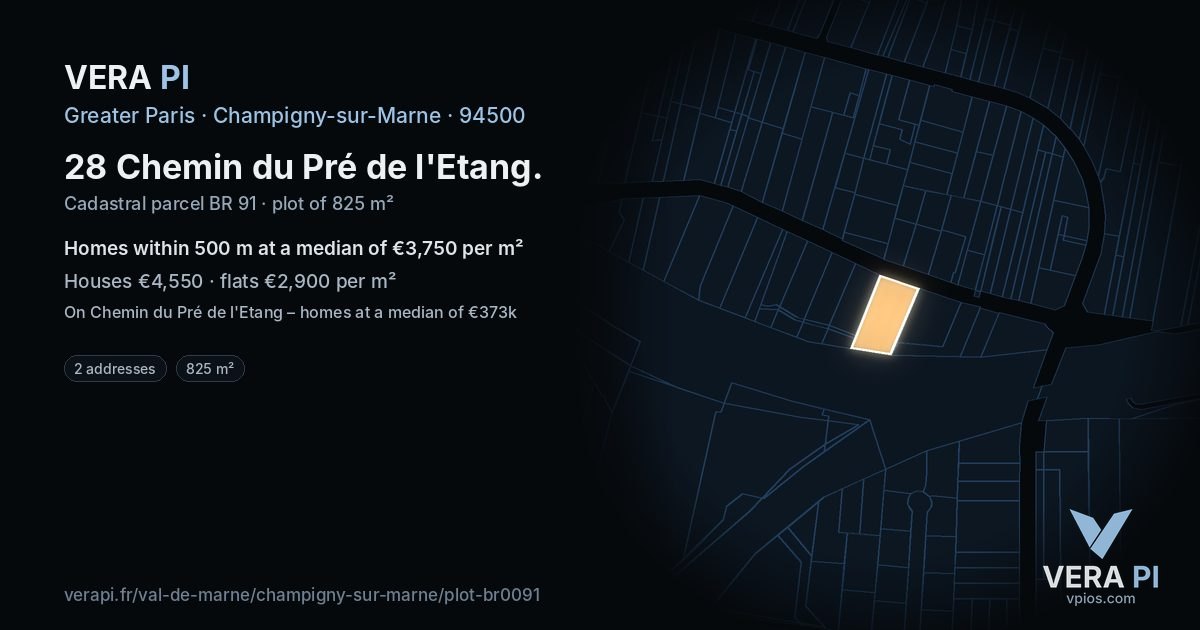 28 Chemin du Pré de l'Etang, Champigny-sur-Marne at night – the plot lit, the parcels around coloured by the prices near them