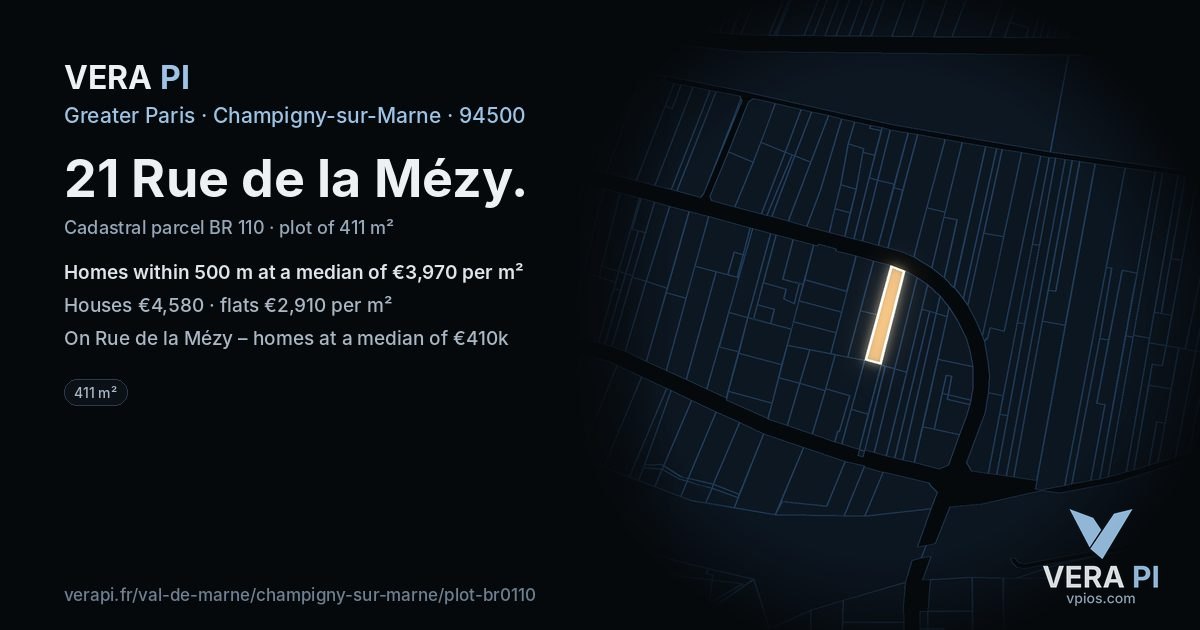 21 Rue de la Mézy, Champigny-sur-Marne at night – the plot lit, the parcels around coloured by the prices near them