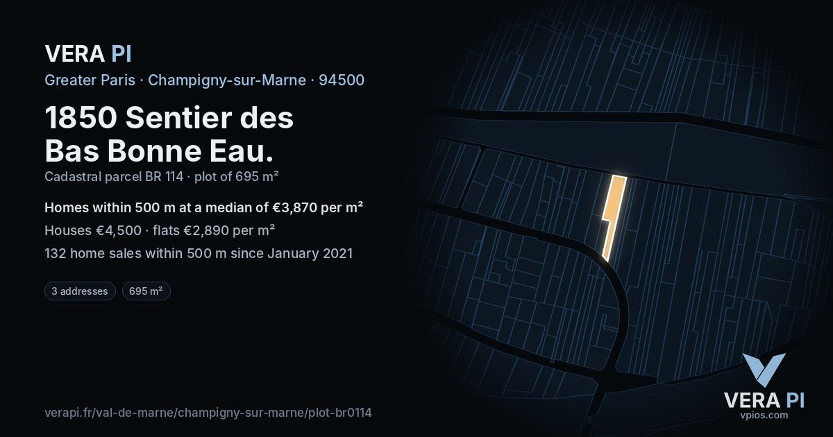 1850 Sentier des Bas Bonne Eau, Champigny-sur-Marne at night – the plot lit, the parcels around coloured by the prices near them