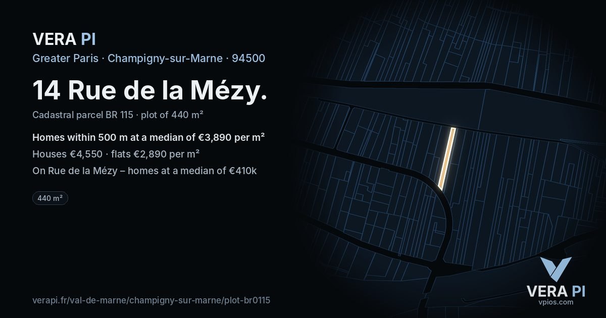 14 Rue de la Mézy, Champigny-sur-Marne at night – the plot lit, the parcels around coloured by the prices near them