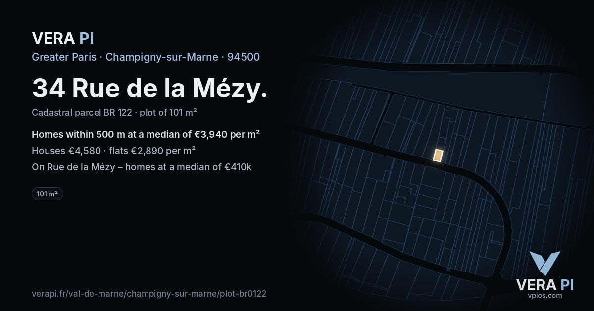 34 Rue de la Mézy, Champigny-sur-Marne at night – the plot lit, the parcels around coloured by the prices near them