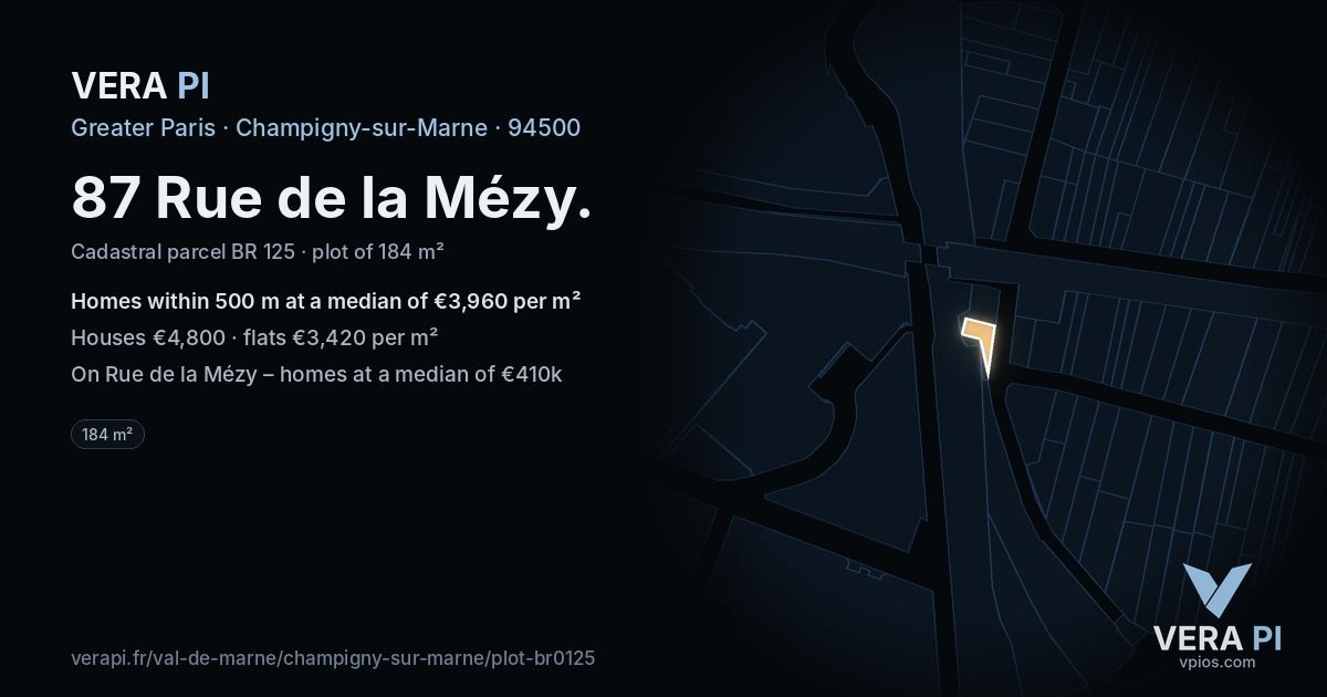 87 Rue de la Mézy, Champigny-sur-Marne at night – the plot lit, the parcels around coloured by the prices near them