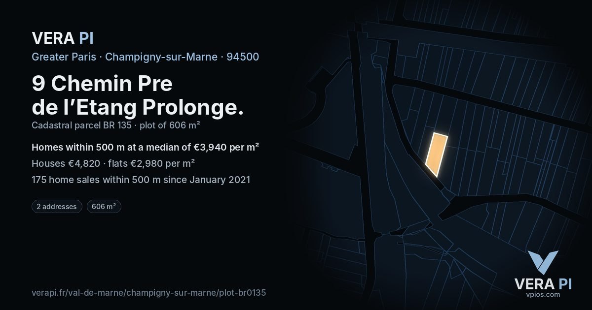 9 Chemin Pre de l’Etang Prolonge, Champigny-sur-Marne at night – the plot lit, the parcels around coloured by the prices near them
