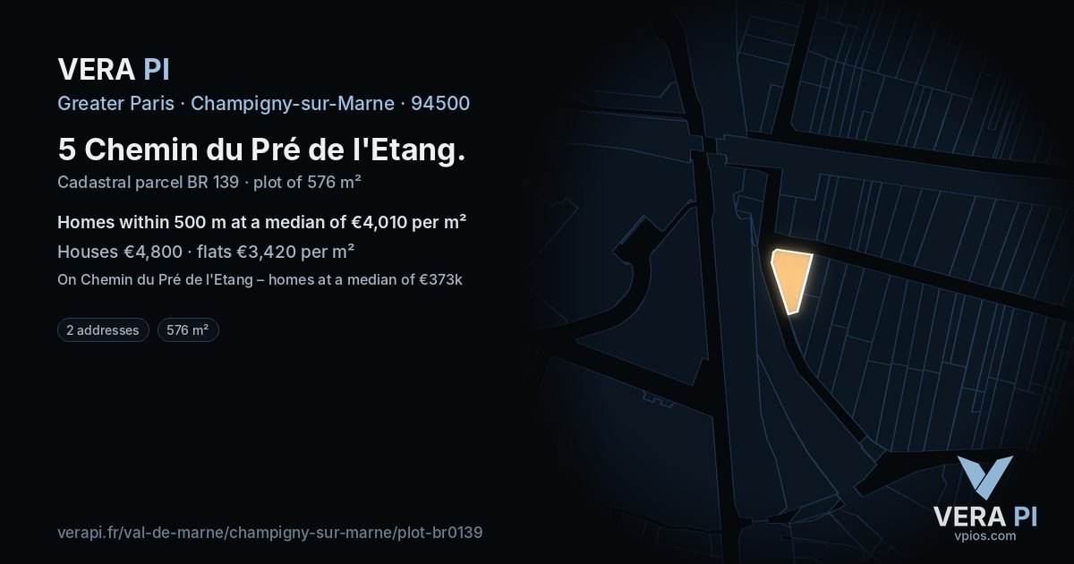 5 Chemin du Pré de l'Etang, Champigny-sur-Marne at night – the plot lit, the parcels around coloured by the prices near them