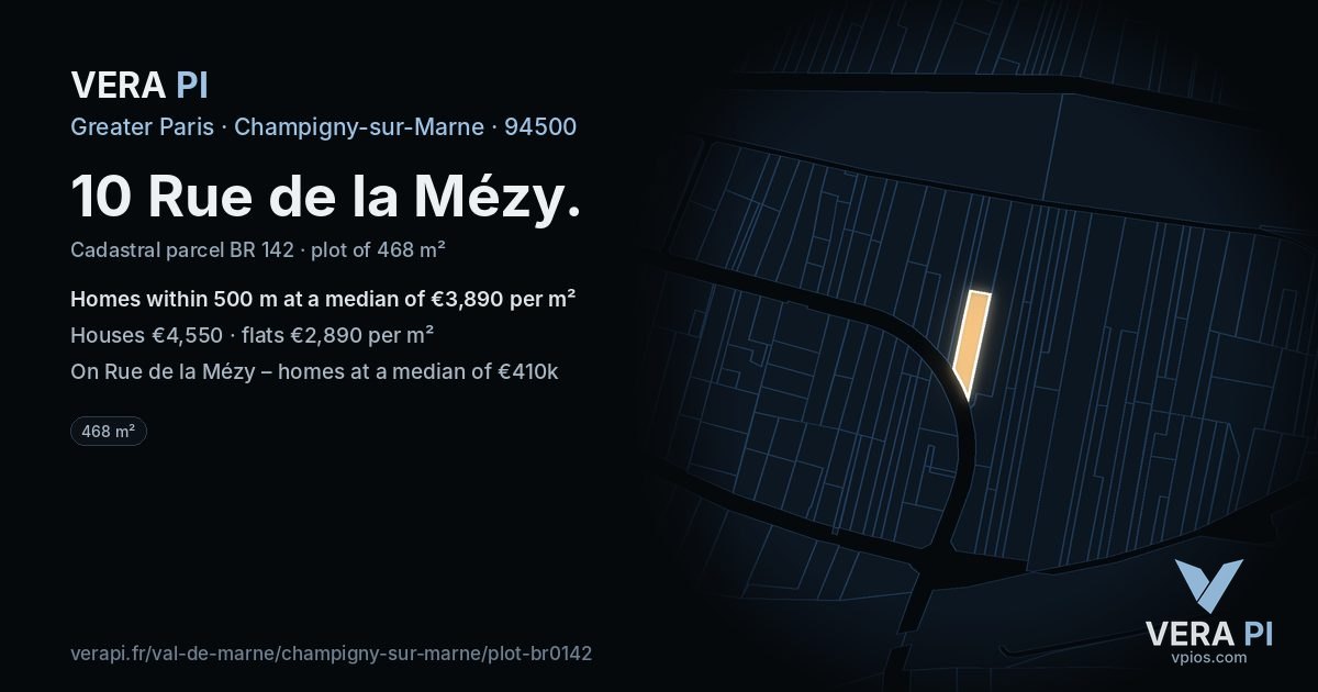 10 Rue de la Mézy, Champigny-sur-Marne at night – the plot lit, the parcels around coloured by the prices near them
