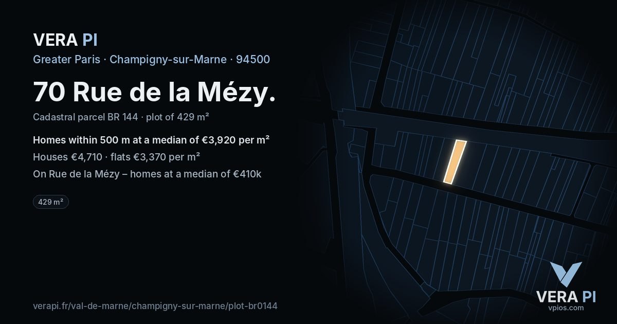 70 Rue de la Mézy, Champigny-sur-Marne at night – the plot lit, the parcels around coloured by the prices near them