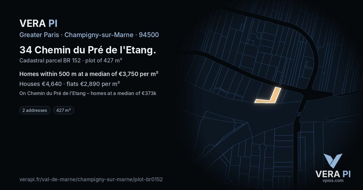 34 Chemin du Pré de l'Etang, Champigny-sur-Marne at night – the plot lit, the parcels around coloured by the prices near them