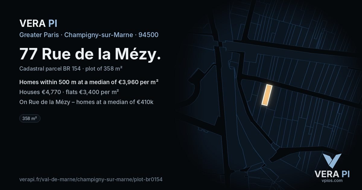77 Rue de la Mézy, Champigny-sur-Marne at night – the plot lit, the parcels around coloured by the prices near them