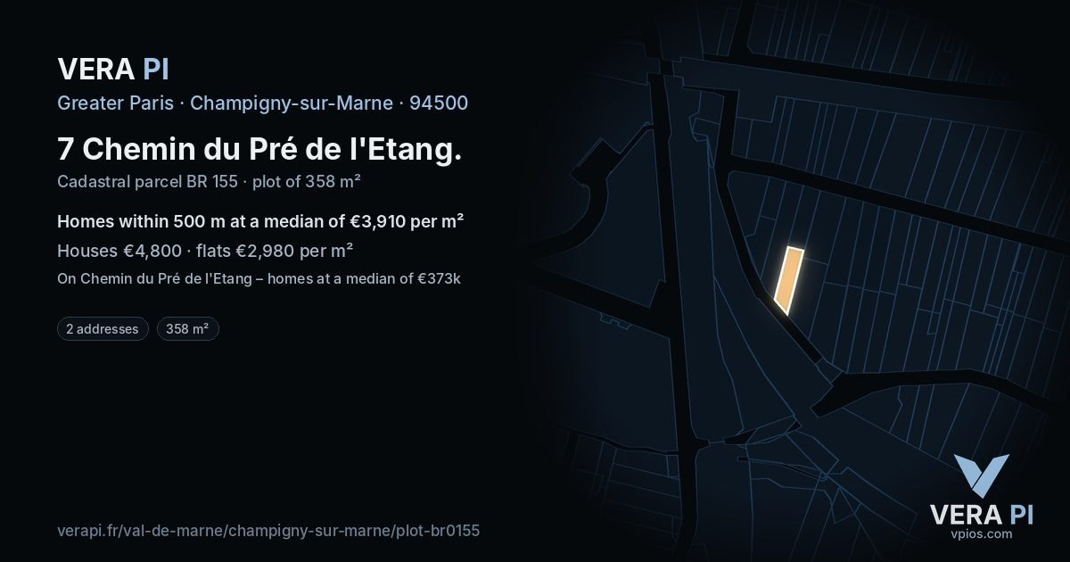 7 Chemin du Pré de l'Etang, Champigny-sur-Marne at night – the plot lit, the parcels around coloured by the prices near them