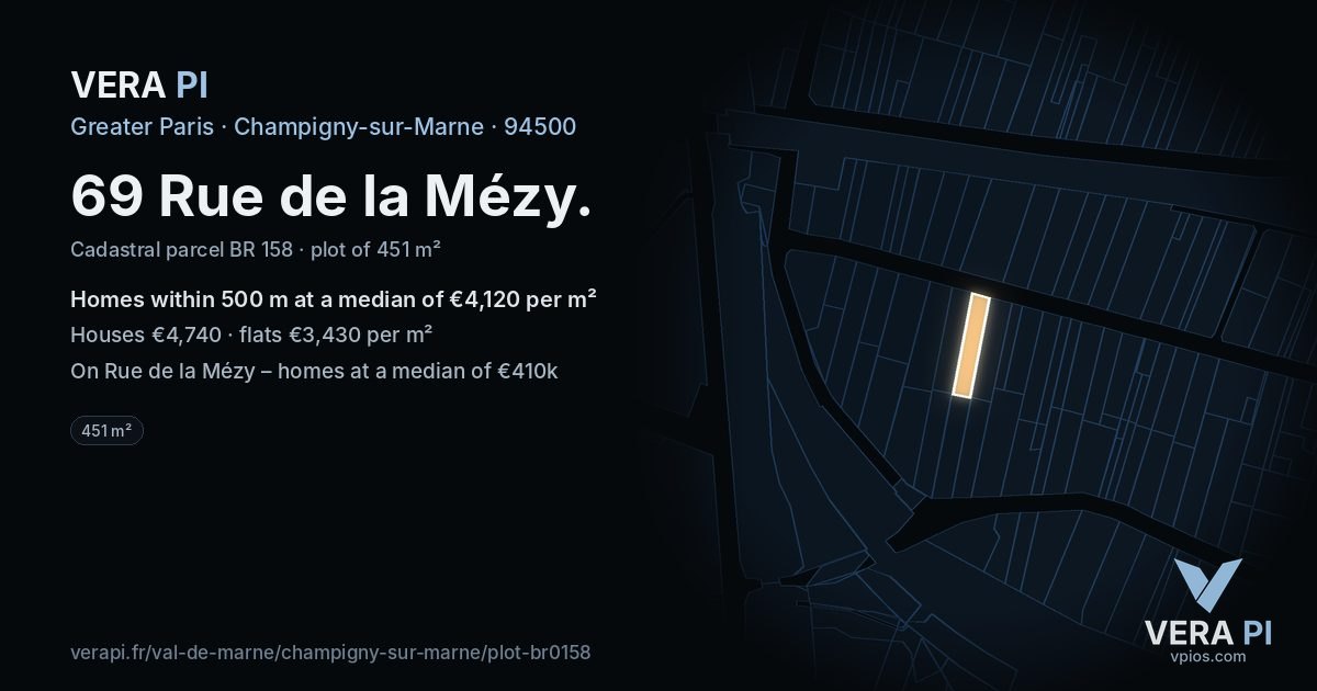 69 Rue de la Mézy, Champigny-sur-Marne at night – the plot lit, the parcels around coloured by the prices near them