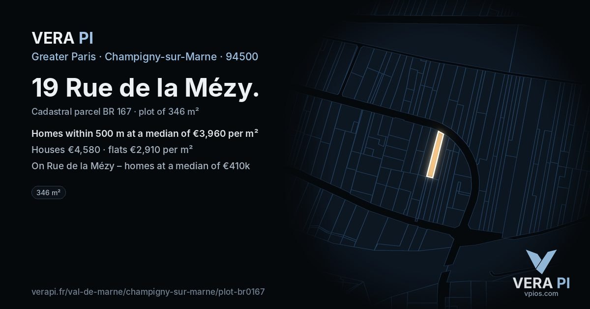19 Rue de la Mézy, Champigny-sur-Marne at night – the plot lit, the parcels around coloured by the prices near them