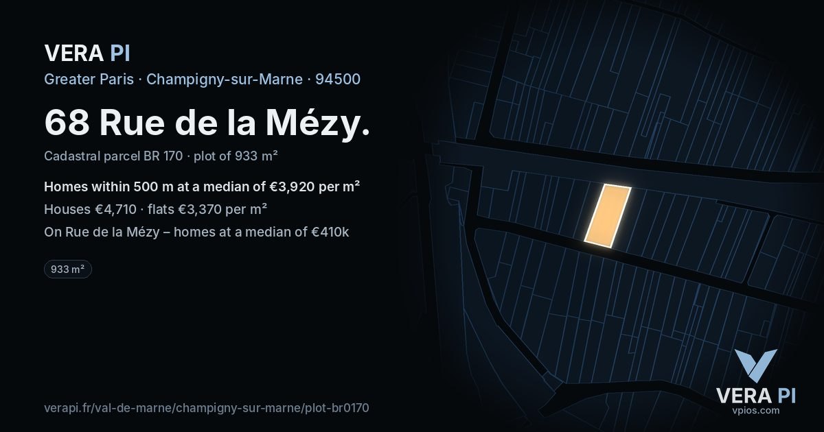 68 Rue de la Mézy, Champigny-sur-Marne at night – the plot lit, the parcels around coloured by the prices near them