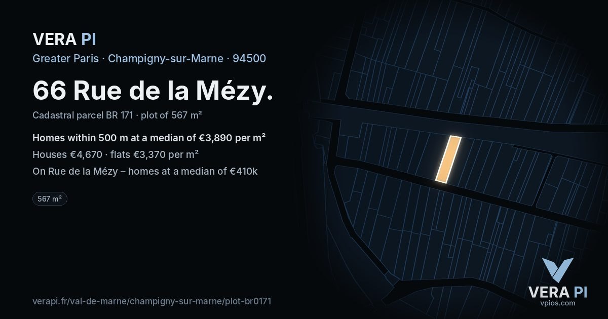 66 Rue de la Mézy, Champigny-sur-Marne at night – the plot lit, the parcels around coloured by the prices near them