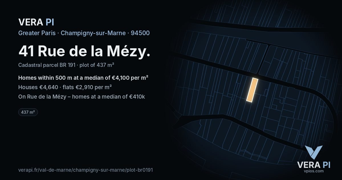 41 Rue de la Mézy, Champigny-sur-Marne at night – the plot lit, the parcels around coloured by the prices near them