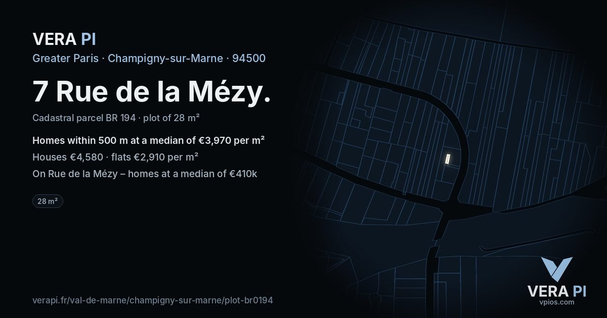 7 Rue de la Mézy, Champigny-sur-Marne at night – the plot lit, the parcels around coloured by the prices near them