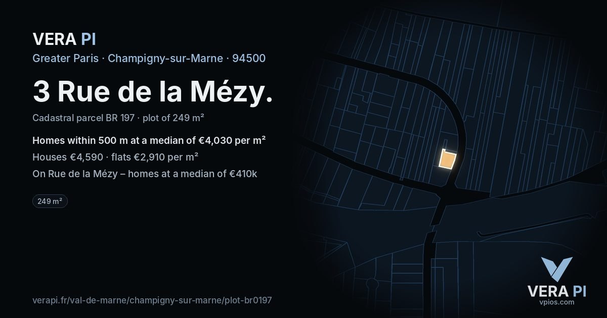 3 Rue de la Mézy, Champigny-sur-Marne at night – the plot lit, the parcels around coloured by the prices near them
