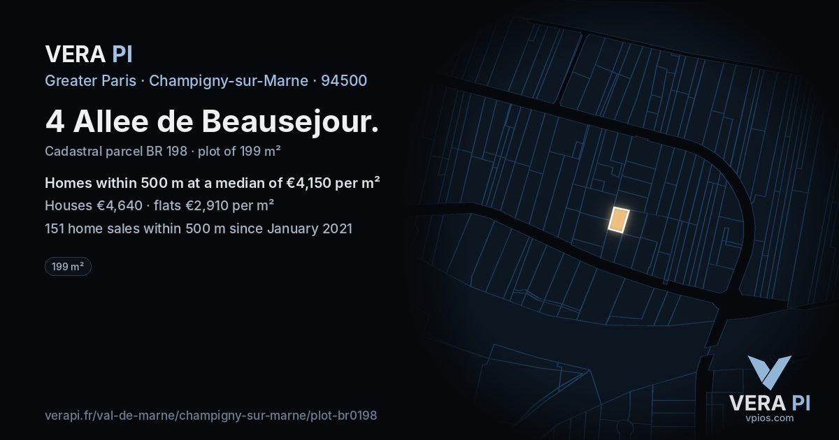 4 Allee de Beausejour, Champigny-sur-Marne at night – the plot lit, the parcels around coloured by the prices near them