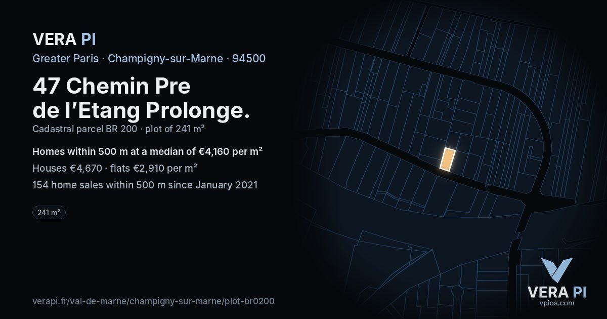 47 Chemin Pre de l’Etang Prolonge, Champigny-sur-Marne at night – the plot lit, the parcels around coloured by the prices near them