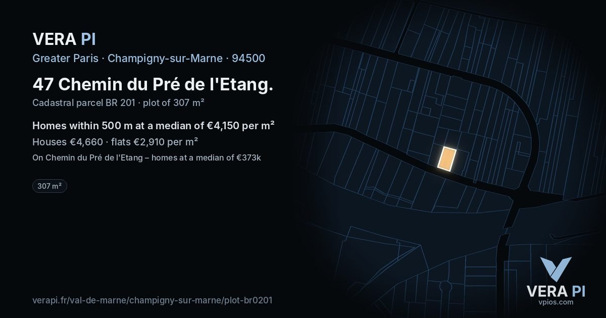 47 Chemin du Pré de l'Etang, Champigny-sur-Marne at night – the plot lit, the parcels around coloured by the prices near them