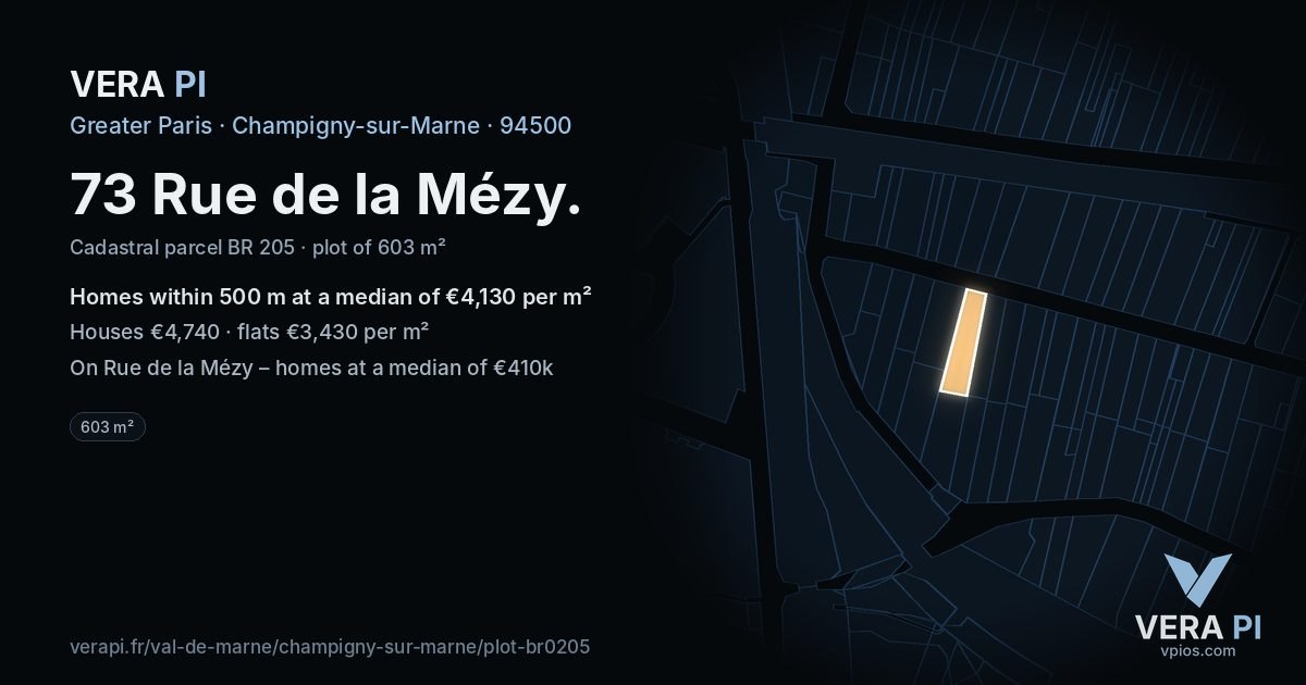 73 Rue de la Mézy, Champigny-sur-Marne at night – the plot lit, the parcels around coloured by the prices near them