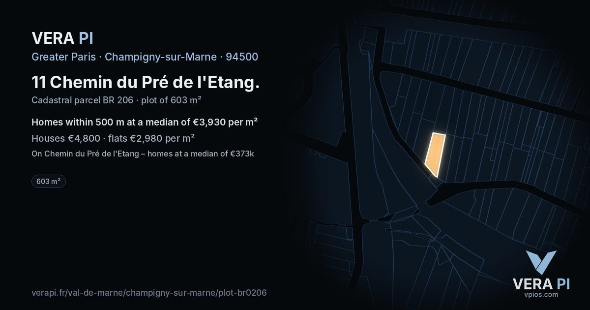 11 Chemin du Pré de l'Etang, Champigny-sur-Marne at night – the plot lit, the parcels around coloured by the prices near them