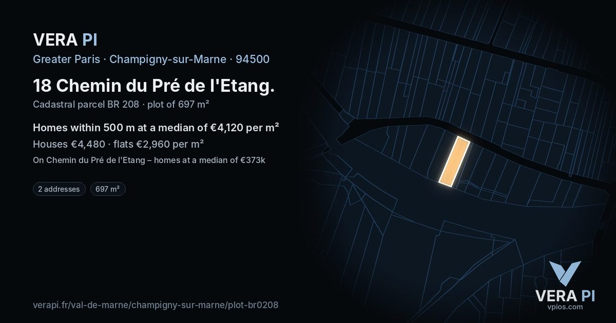 18 Chemin du Pré de l'Etang, Champigny-sur-Marne at night – the plot lit, the parcels around coloured by the prices near them