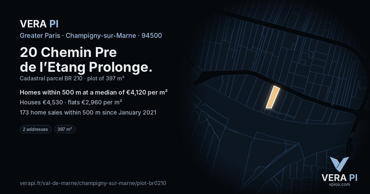 20 Chemin Pre de l’Etang Prolonge, Champigny-sur-Marne at night – the plot lit, the parcels around coloured by the prices near them