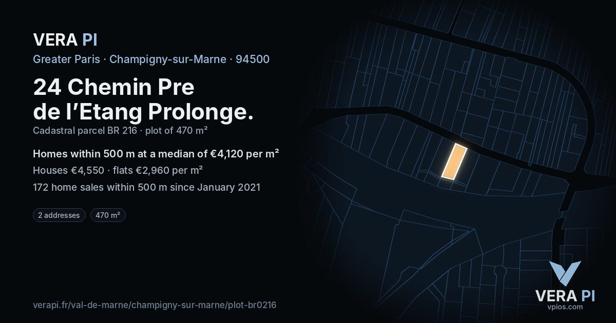 24 Chemin Pre de l’Etang Prolonge, Champigny-sur-Marne at night – the plot lit, the parcels around coloured by the prices near them