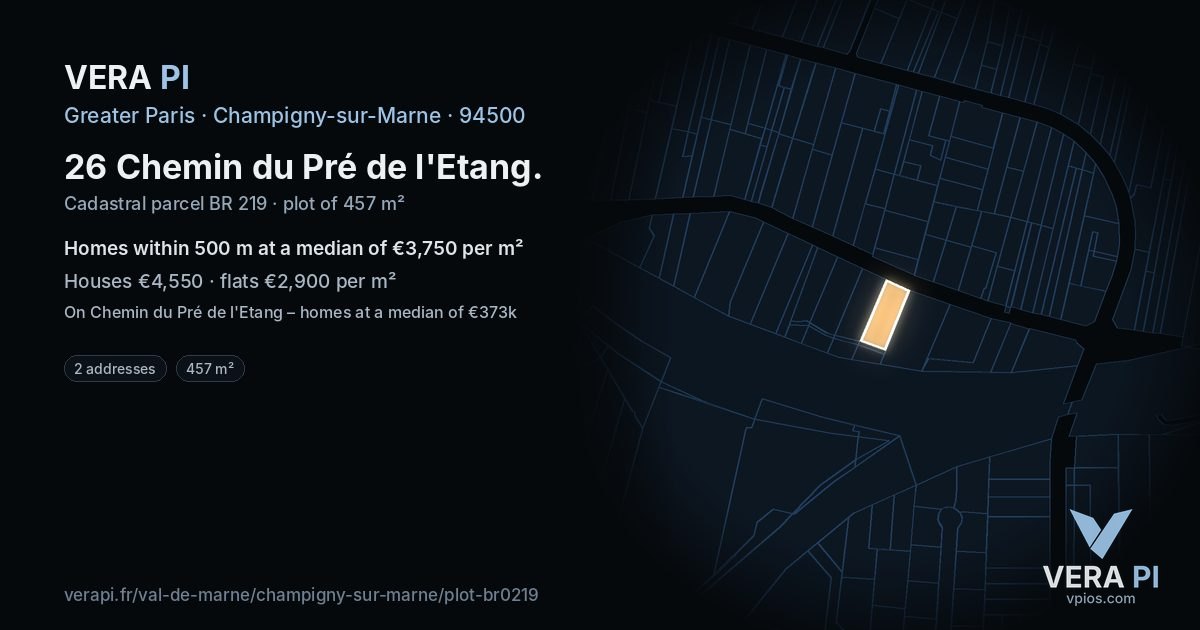 26 Chemin du Pré de l'Etang, Champigny-sur-Marne at night – the plot lit, the parcels around coloured by the prices near them