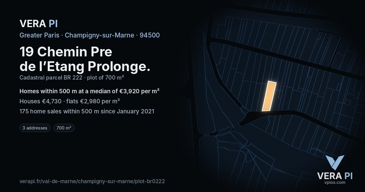 19 Chemin Pre de l’Etang Prolonge, Champigny-sur-Marne at night – the plot lit, the parcels around coloured by the prices near them