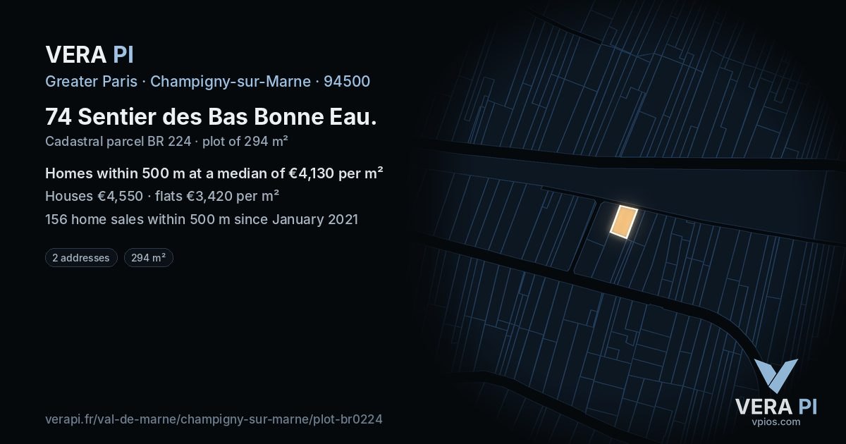 74 Sentier des Bas Bonne Eau, Champigny-sur-Marne at night – the plot lit, the parcels around coloured by the prices near them