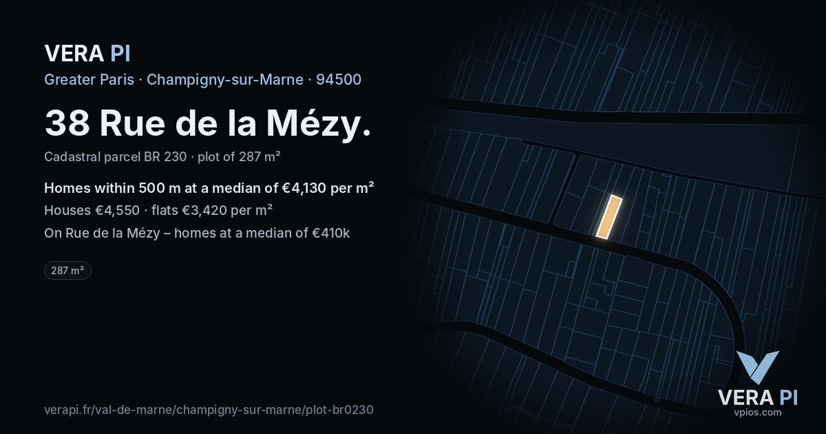 38 Rue de la Mézy, Champigny-sur-Marne at night – the plot lit, the parcels around coloured by the prices near them