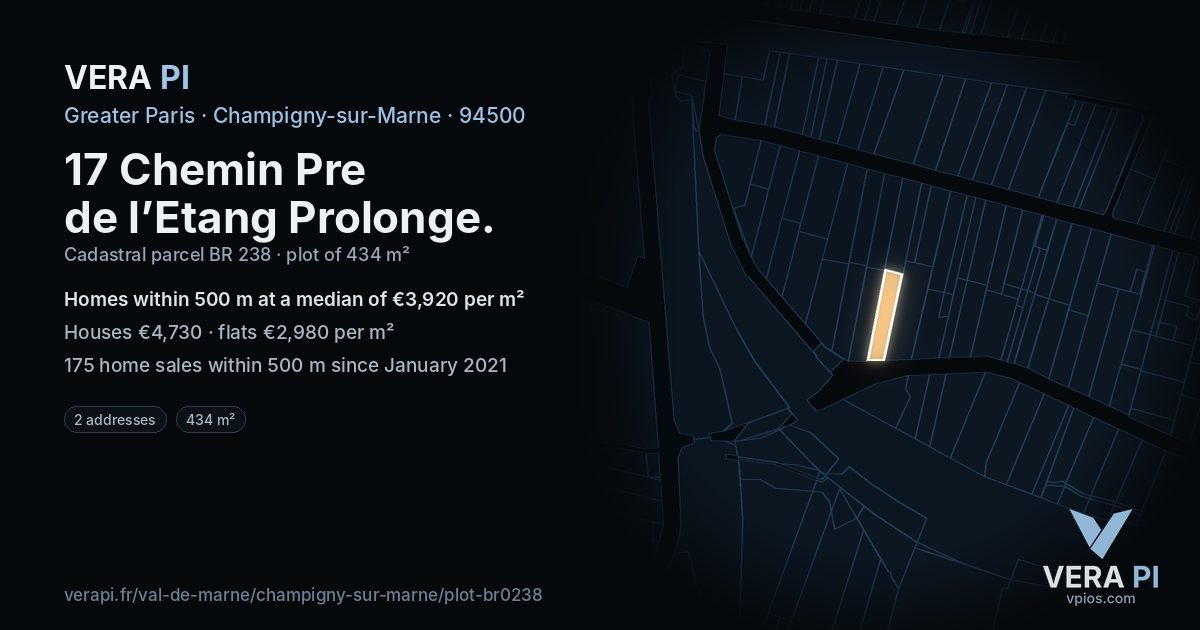 17 Chemin Pre de l’Etang Prolonge, Champigny-sur-Marne at night – the plot lit, the parcels around coloured by the prices near them