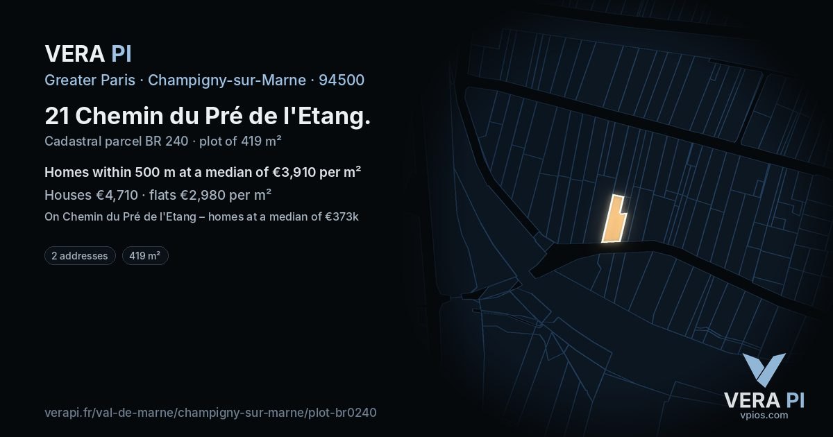 21 Chemin du Pré de l'Etang, Champigny-sur-Marne at night – the plot lit, the parcels around coloured by the prices near them