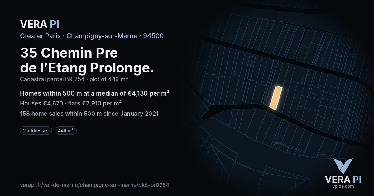 35 Chemin Pre de l’Etang Prolonge, Champigny-sur-Marne at night – the plot lit, the parcels around coloured by the prices near them