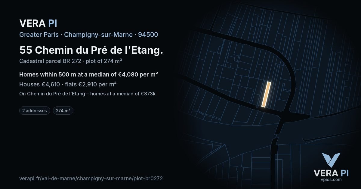 55 Chemin du Pré de l'Etang, Champigny-sur-Marne at night – the plot lit, the parcels around coloured by the prices near them
