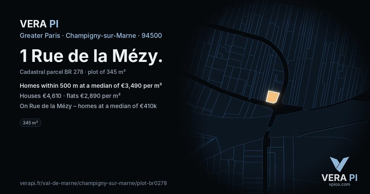 1 Rue de la Mézy, Champigny-sur-Marne at night – the plot lit, the parcels around coloured by the prices near them