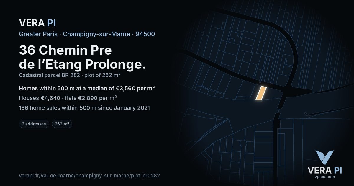36 Chemin Pre de l’Etang Prolonge, Champigny-sur-Marne at night – the plot lit, the parcels around coloured by the prices near them