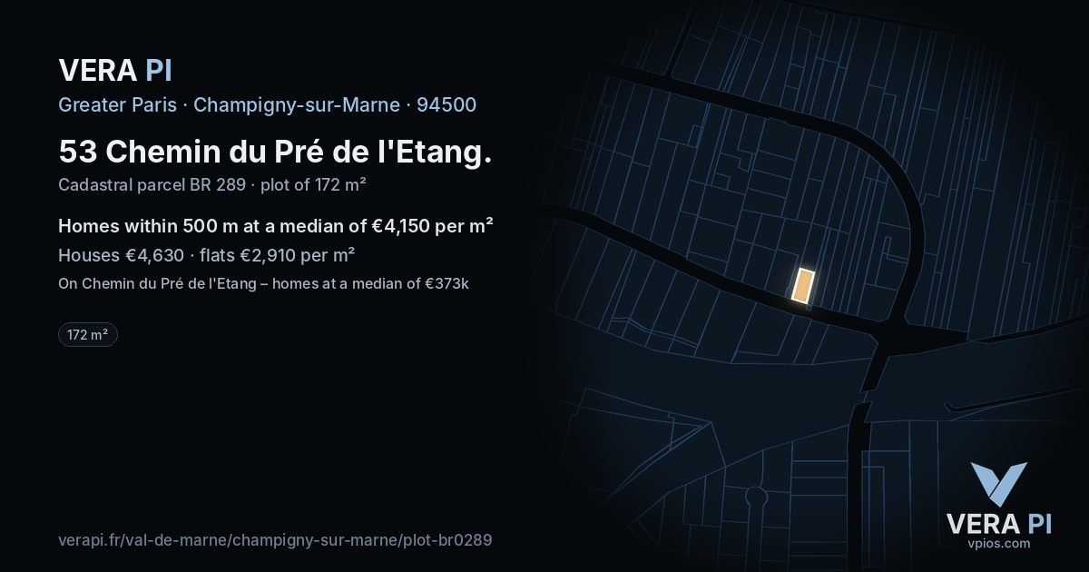 53 Chemin du Pré de l'Etang, Champigny-sur-Marne at night – the plot lit, the parcels around coloured by the prices near them