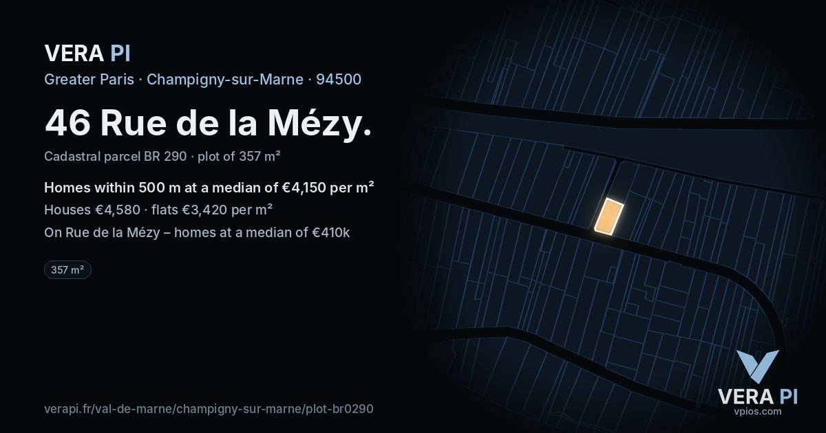 46 Rue de la Mézy, Champigny-sur-Marne at night – the plot lit, the parcels around coloured by the prices near them