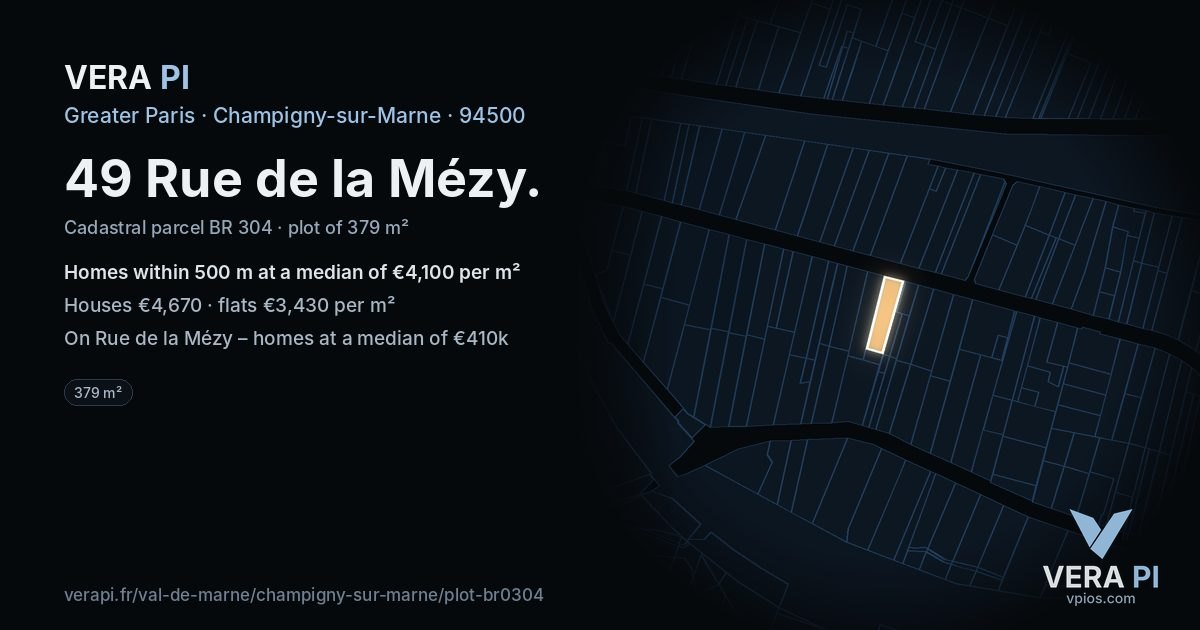 49 Rue de la Mézy, Champigny-sur-Marne at night – the plot lit, the parcels around coloured by the prices near them