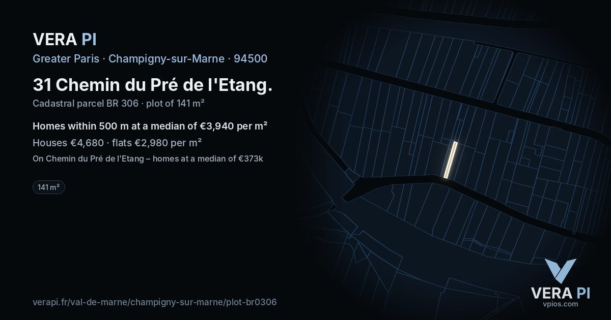 31 Chemin du Pré de l'Etang, Champigny-sur-Marne at night – the plot lit, the parcels around coloured by the prices near them