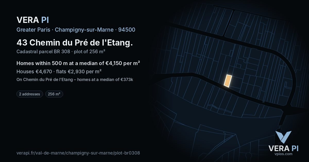 43 Chemin du Pré de l'Etang, Champigny-sur-Marne at night – the plot lit, the parcels around coloured by the prices near them