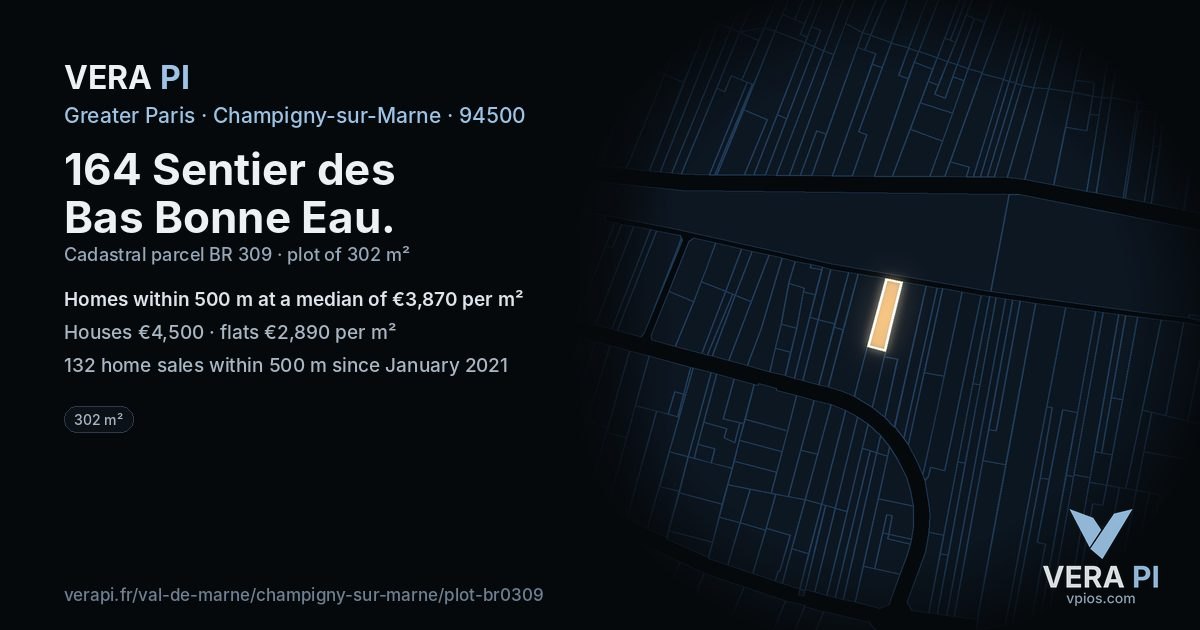 164 Sentier des Bas Bonne Eau, Champigny-sur-Marne at night – the plot lit, the parcels around coloured by the prices near them