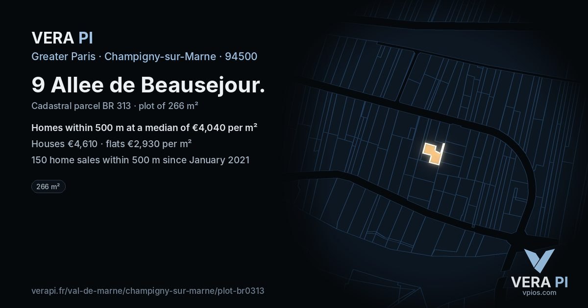 9 Allee de Beausejour, Champigny-sur-Marne at night – the plot lit, the parcels around coloured by the prices near them